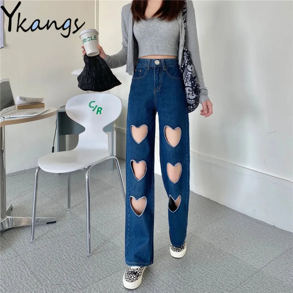 

Женские широкие джинсы Harajuku Y2k, модные милые джинсовые брюки с вырезами в форме сердца, высокой талией и потертостями, уличная одежда в Корей...