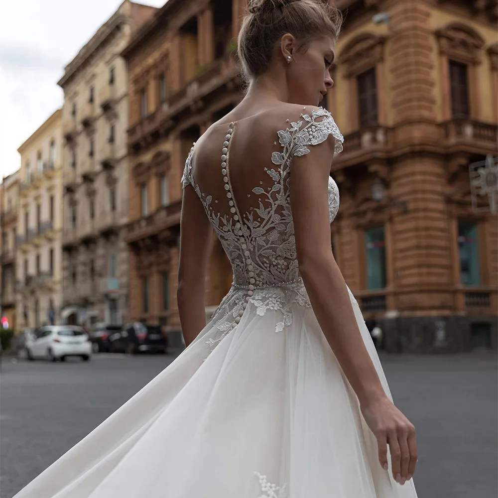 

Elegant Off The Shoulder Scoop Wedding Dress A Line Lace Appliqued Tulle Bridal Gown Custom Illusion Vestido Noiva