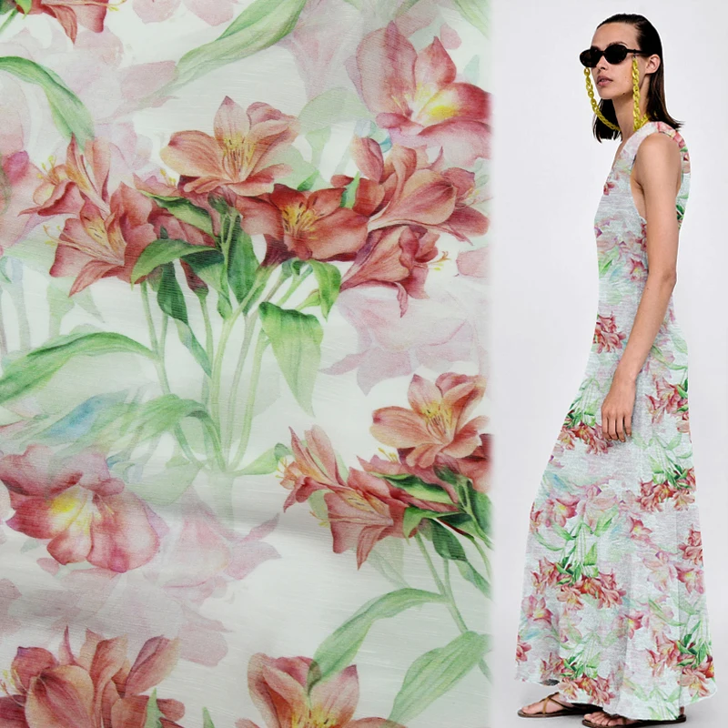 

Шелковая и льняная ткань с цветочным узором, розовый цветочный дизайн, SLN151