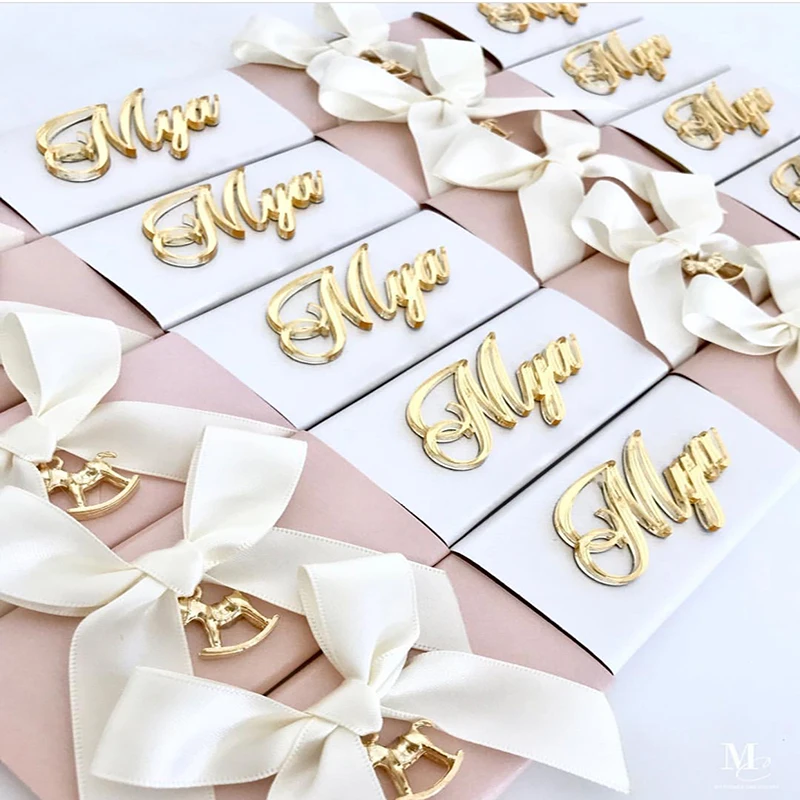 12 Pcs Personalized Laser Cut Gold/Silver Acrylic Name Baby Name Tags Brand Wedding Table Decoration Chocolate Baptism Box Decor