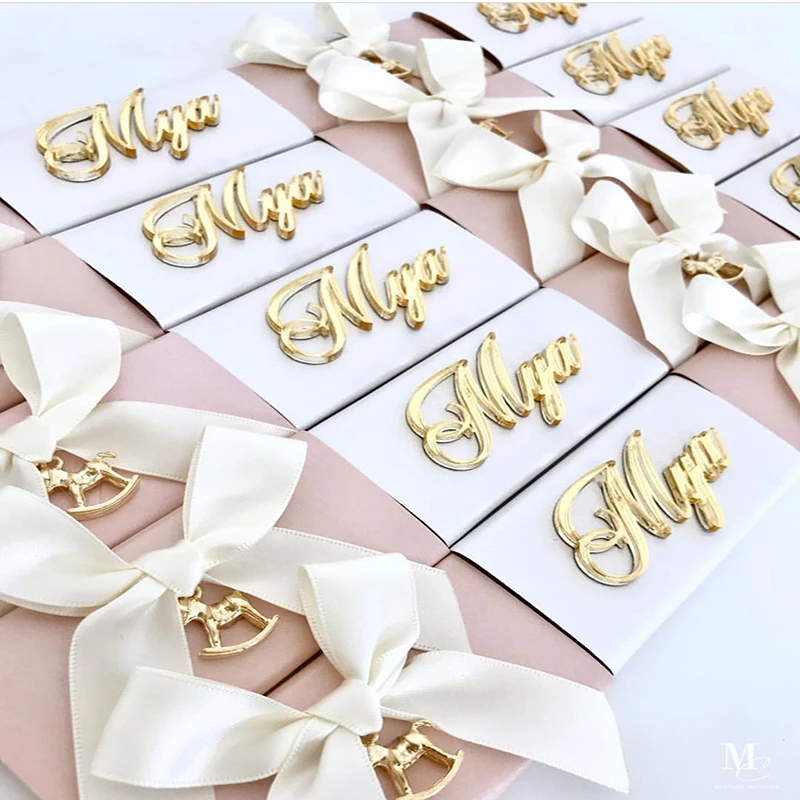 

12 Pcs Personalized Laser Cut Gold/Silver Acrylic Name Baby Name Tags Brand Wedding Table Decoration Chocolate Baptism Box Decor