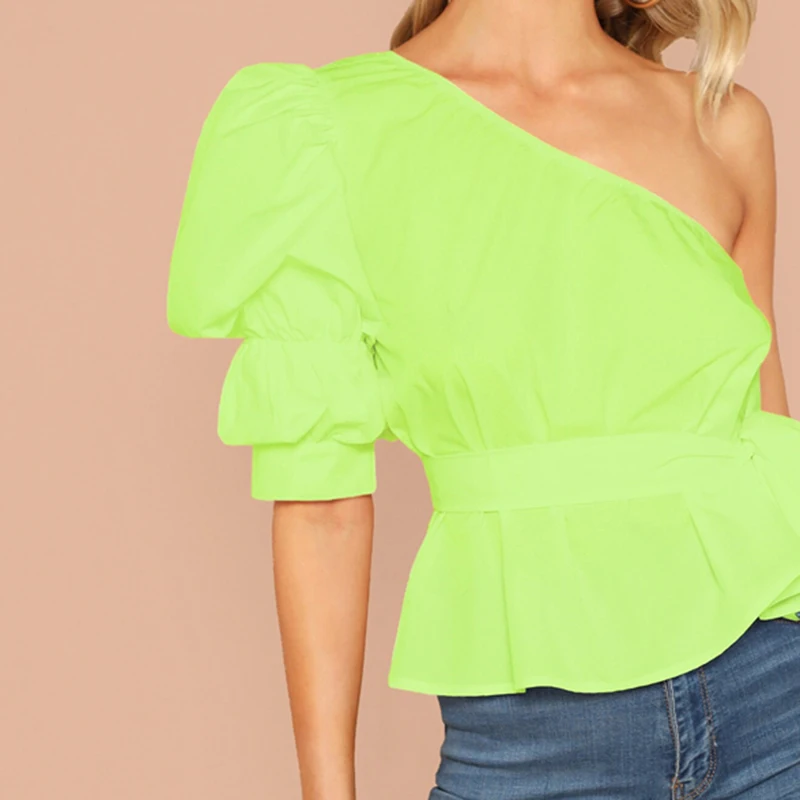 SHEIN Однотонный Топ На Одно Плечо С Пышными Рукавами И Поясом Женская Летняя Белая Элегантная Блузка С Средним Рукавом