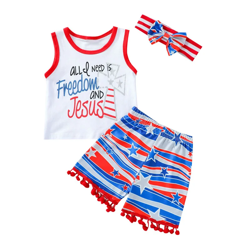 

3pcs 6Months-4Years Baby Girl’s Clothes Sets,Toddler Kids Letter Sleeveless Tops and Stripe Plush Ball Short Pants with Headband
