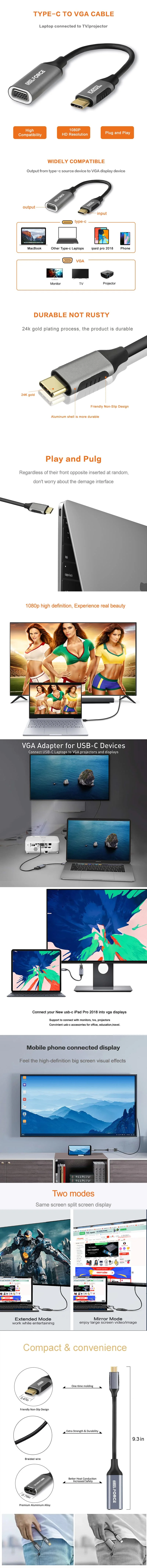 USB C к VGA кабель адаптер USB 3,1 Тип C к VGA для монитора проектор дисплей