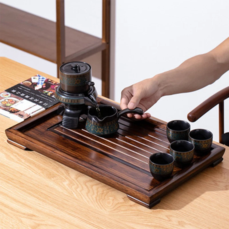 Rectangular Natural Bamboo Wood Tea Tray Chinese Tea Room Drainage Water Storage Tea Set Tray Simple Walnut Tea Table