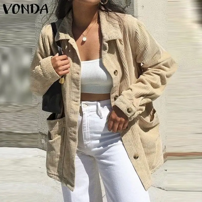 

Женские куртки, зимние вельветовые пальто 2022 VONDA, повседневные однотонные пальто, осенние куртки с длинным рукавом и карманами, большие разм...