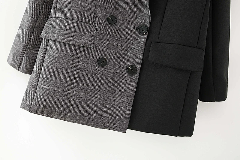 

Elegant Women Gray Plaid Patchwork Jacket 2020 Fashion Ladies Notched Collar Blazers Streetwear Female Chic Double Breasted Coat