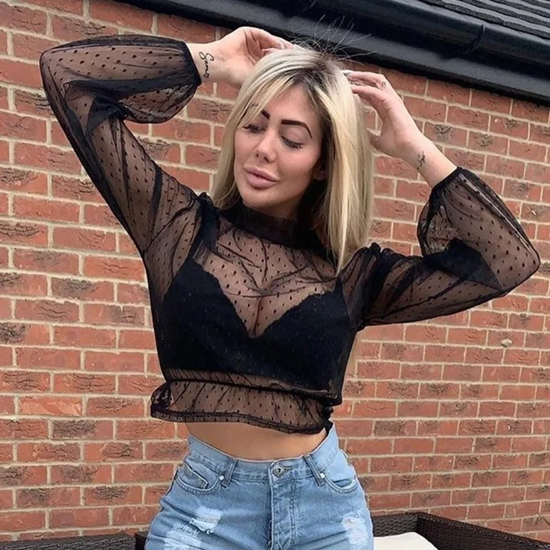 2019 футболка в горошек женская с круглым вырезом и длинными рукавами сексуальные