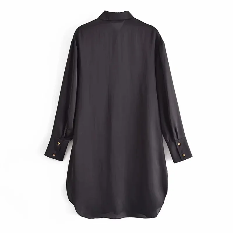 Черная длинная женская рубашка TRAF 2021 блузка оверсайз из сатина с воротником и