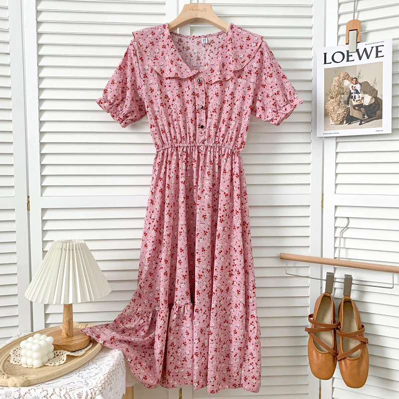 

ZCWXM 2021 Summer New Women Floral Print Dresses Sweet Versatile Doll Collar Single Breast High Waist Ruffles Female Vestidos
