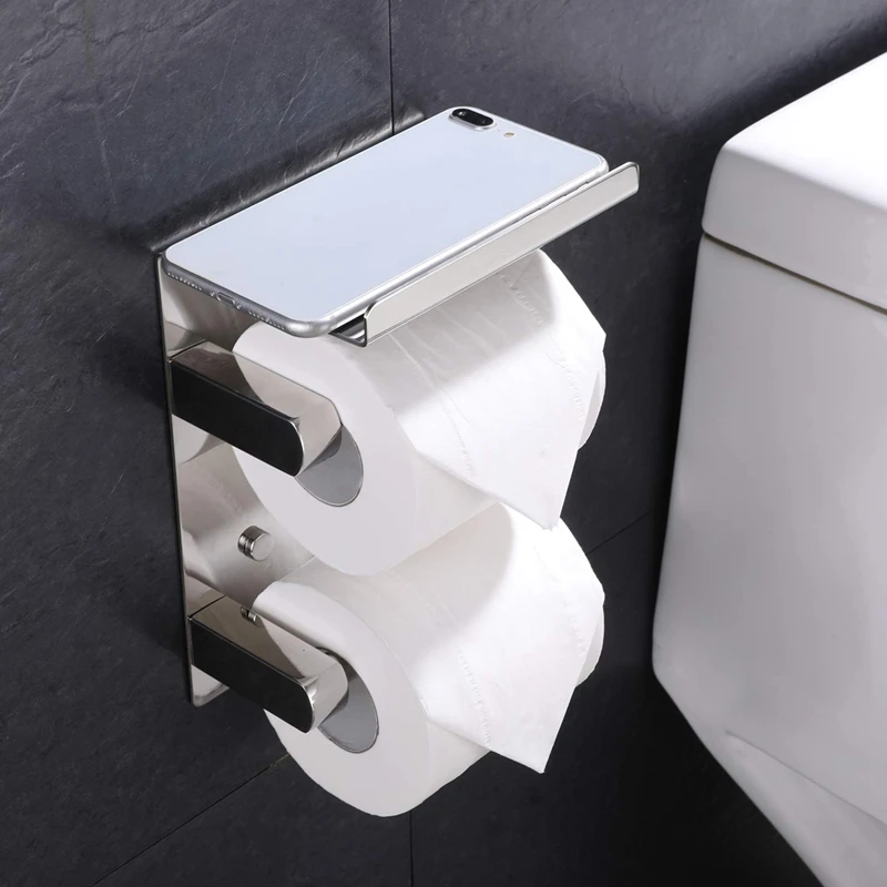 Double Roll Toilet Paper Holder Wall Mounted with Shelf SUS 304 Stainless Steel Bathroom Accessories Tissue Dispenser Stor | Обустройство