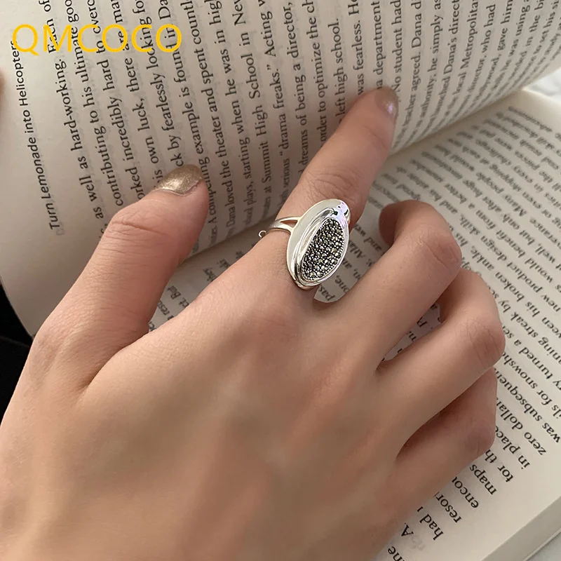 

QMCOCO Retro Simple Chic Design Oval Wide Ring Korean INS Women's Fashion Personality Gifts 2021 Trend 925 Silver Jewelry