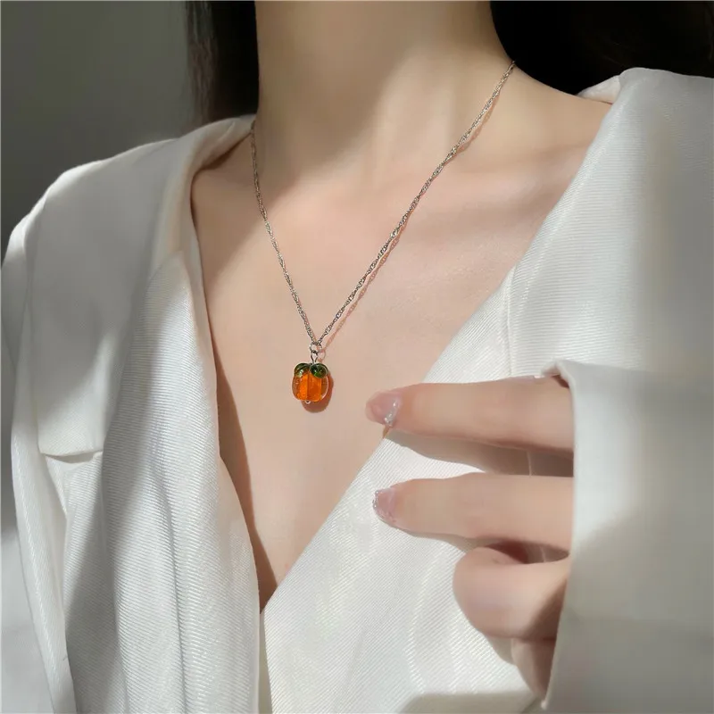 

New Sweet Cute Persimmon Choker Orange Glass Fruit Pendant Necklace For Women Girls Elegant Clavicle Chain Fashion Jewelry Gifts