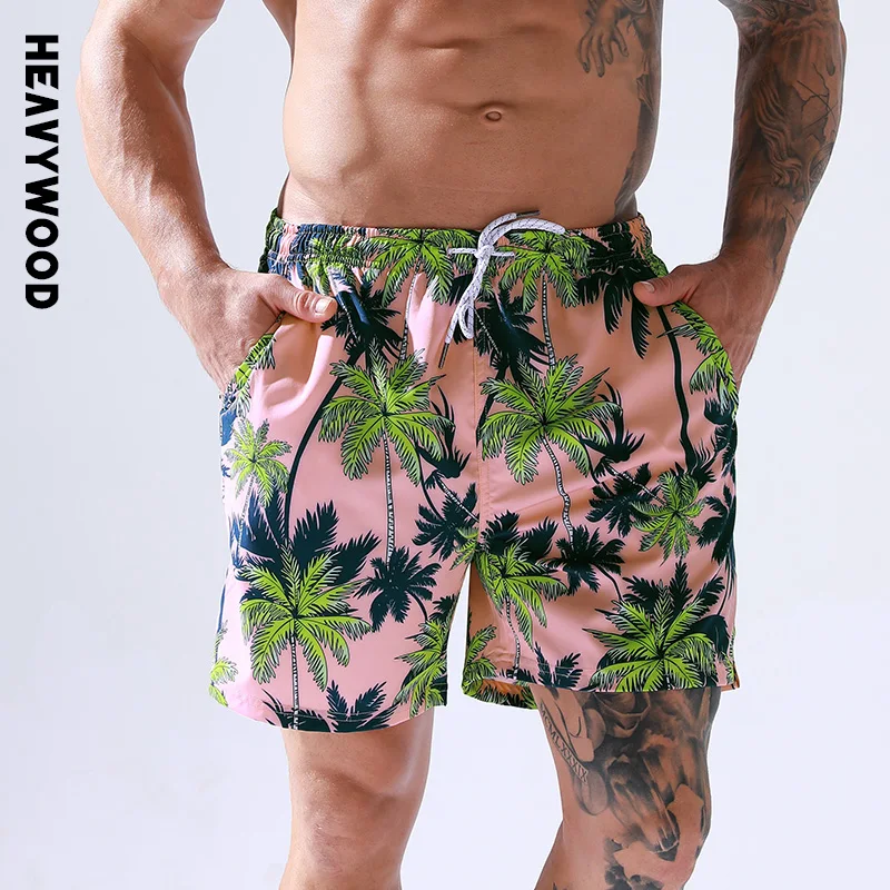 

Heavywood Summer Men's Quick Drying Swim Trunks Casual Mesh Lining Drawstring Print Beach Shorts Man Plus Size Five Point Pants