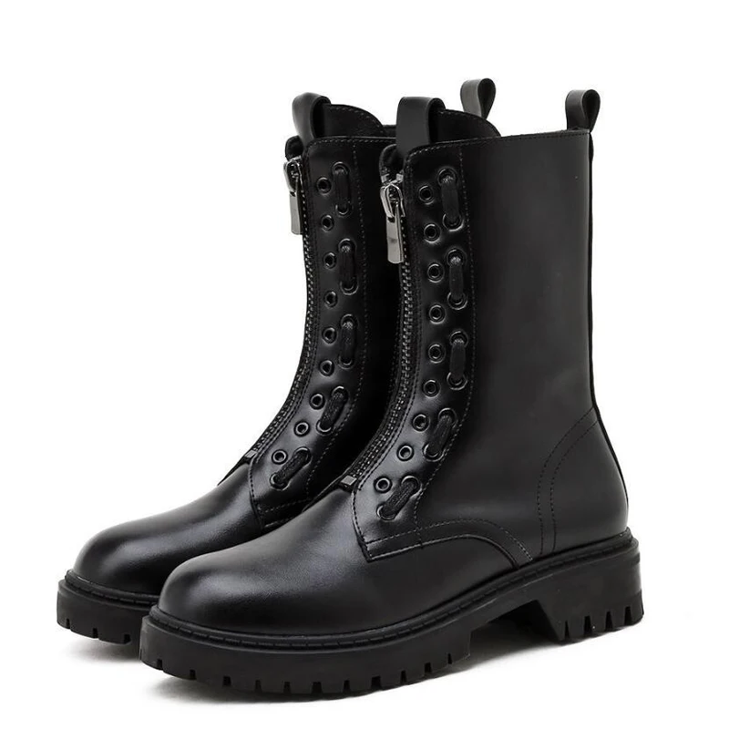 

Black PU Leather Ankle Boots Women Autumn Winter Round Toe Lace Up Shoes Woman Fashion Motorcycle Platform Botas LJB258