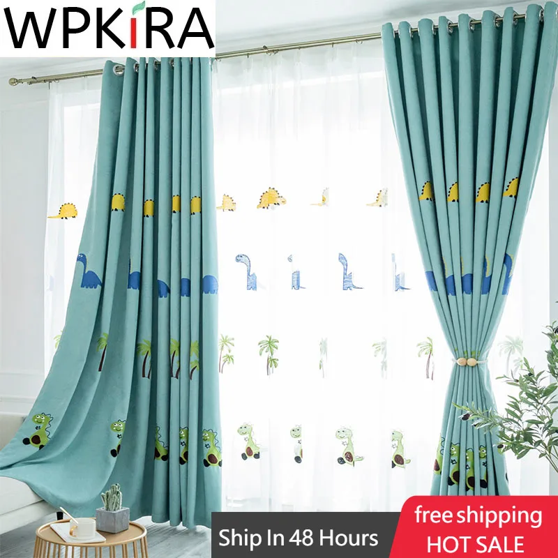 Затемняющие шторы с мультяшным динозавром для детей мальчиков спальни зеленые