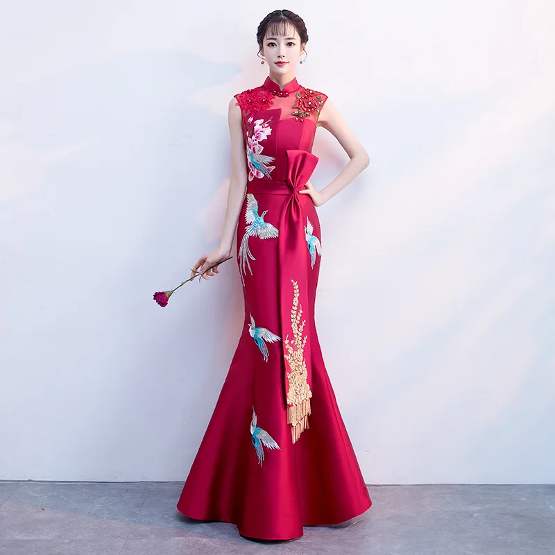 

Sexy Crane Embroidery Beaded Qipao Long Cheongsam Bride Oriental Wedding Chinese Evening Dresses Size S-XXL