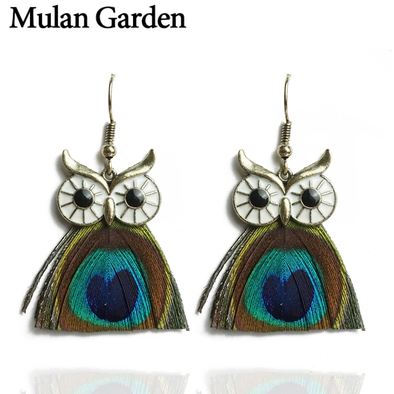 

M&G Nature Feather Owl Peacock Earrings for Women Trendy Bohemian Earrings Ethnic Feather Peacock Jewelry Fashion Girl Eardrops