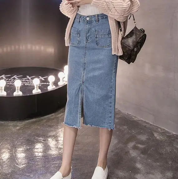 Женская юбка светло-синяя темно-синяя черная джинсовая на пуговицах спереди