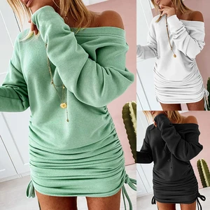 SKMY Autumn Clothes Round Neck Off The Shoulder Long Sleeve Dress Drawstring Lace-Up Solid Color Pleated Dress Sexy Club Outfits