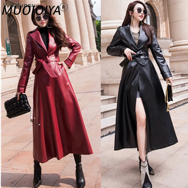 

2021 Winter New PU Faux Leather Jacket Women Extra Long Black Red Leather Trench Coat Windbreaker Korean Lady Overcoat Plus Size