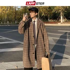 LAPPSTER мужской зимний длинный шерстяной клетчатый тренчкот 2022 Мужская винтажная серая уличная одежда куртки Мужская Harajuku Kpop модная ветровка