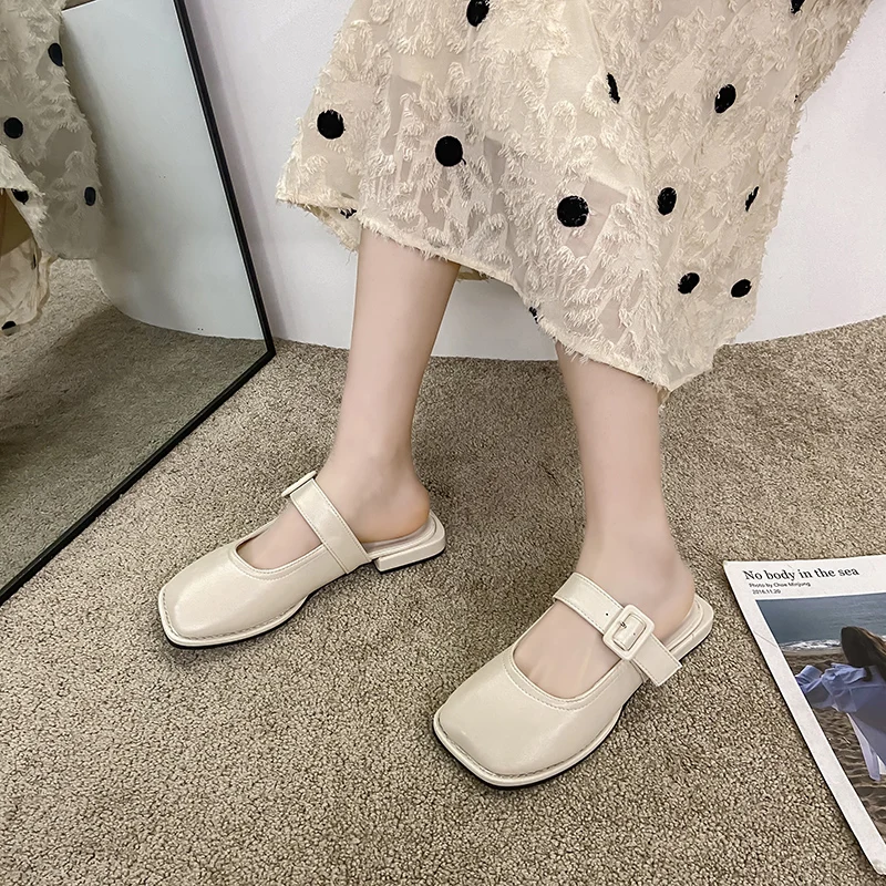 

Shoes Woman 2021 Cover Toe Slippers Flat Pantofle Luxury Slides Loafers New Designer Summer Basic Fashion PU Buckle Strap