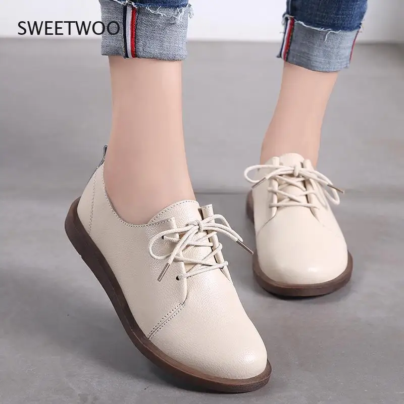 Women Genuine Leather Flat Shoes Lace Up Casual Shoes Solid Color Oxfords Spring / Fall 2021