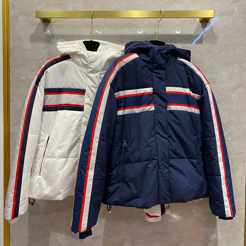 

New five pointed star striped printed hat cotton suit European station rib closed sleeve elastic waist clip cotton ski suit