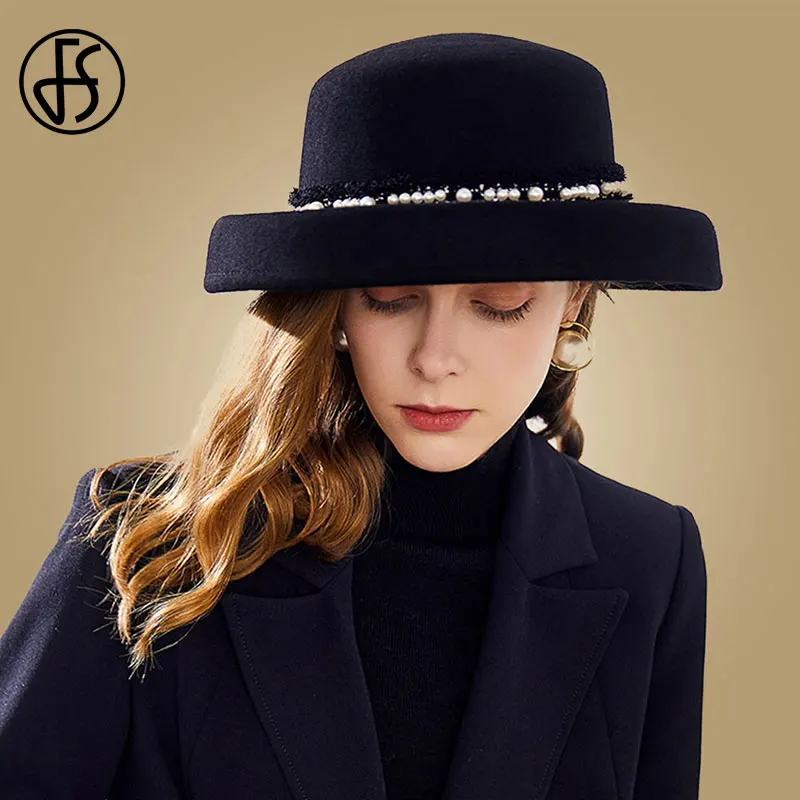 FS элегантные женские фетровая шляпка шерстяная шляпа с широкими полями Черный