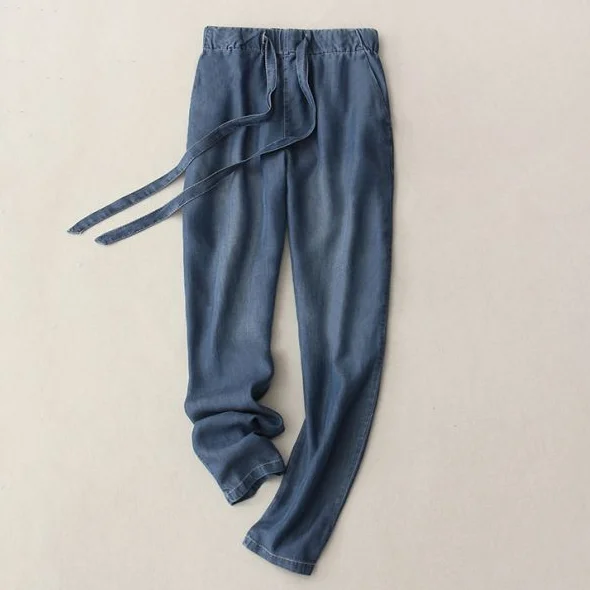 Летние брюки тонкие джинсовые женские повседневные джинсы на шнуровке с