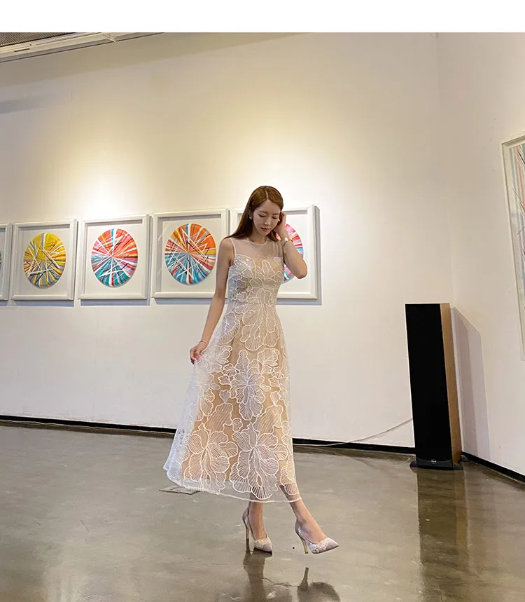 Mesh Embroidery Women Fashion Sleeveless Slim Long Dress 2020 Summer Korean Designer Large Size Runway Dresses Vestidos Femme XL | Женская