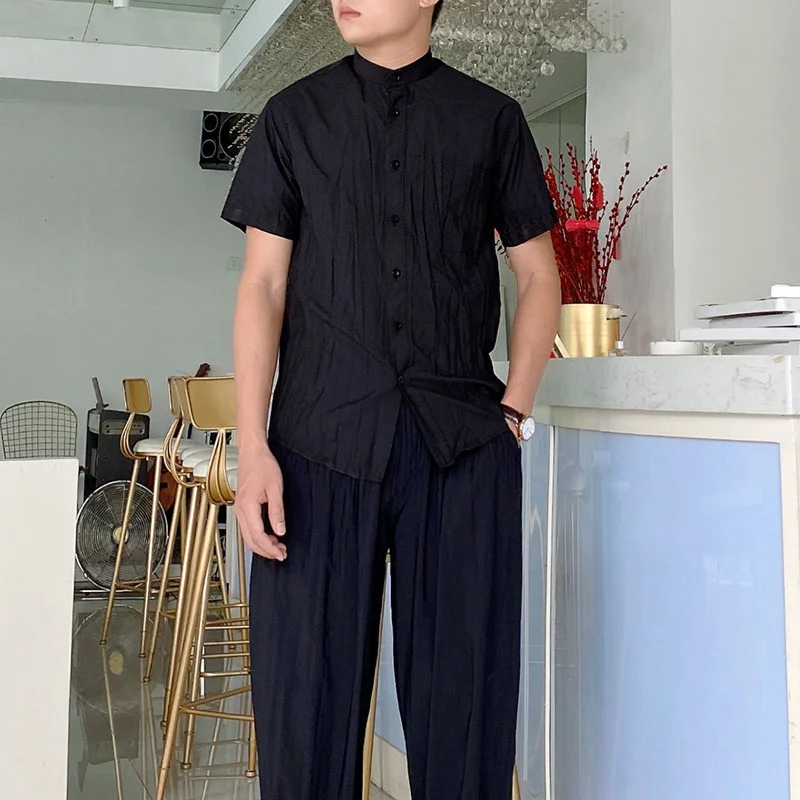 

IEFB Men's Pleated Top Loose Stand Collar 2021 New Design Single Breasted Short Sleeve Cardigan For Men And Women Shirt 9Y852901