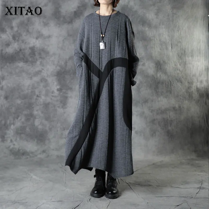 

XITAO Striped Dress Hit Color Fashion New Women Pullover 2020 Winter Full Sleeve Pleated Goddess Fan Casual Style Dress ZY1594