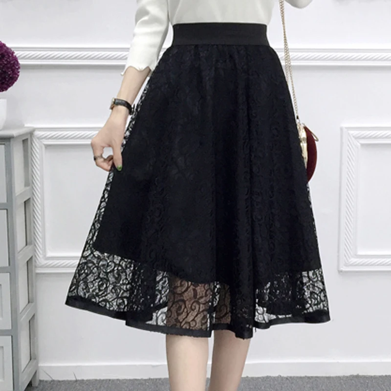 

Women Skirt Summer Elegant Knee-length High Waist Skirts Mesh Tutu Pleated Skirt Female Double Layers Lace Solid Casual Gauze