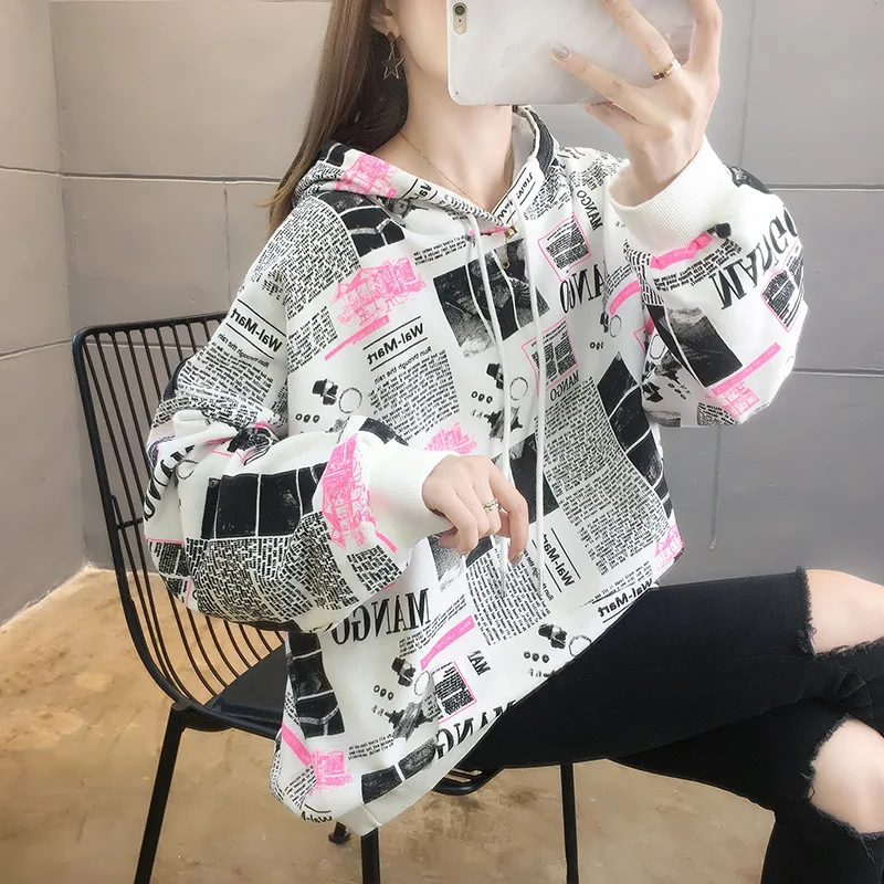 

Autumn and winter Mid-length Harajuku Women sweatshirt Loose Graffiti Newspaper modis Thinck Pullover zipper Plus Size Hoodies