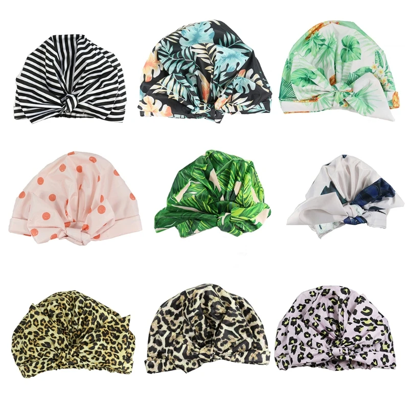 

Women Waterproof Silky Shower Cap Forehead Bowknot Strap Leaves Leopard Print Hair Protection Reusabe Beanie Bath Hat