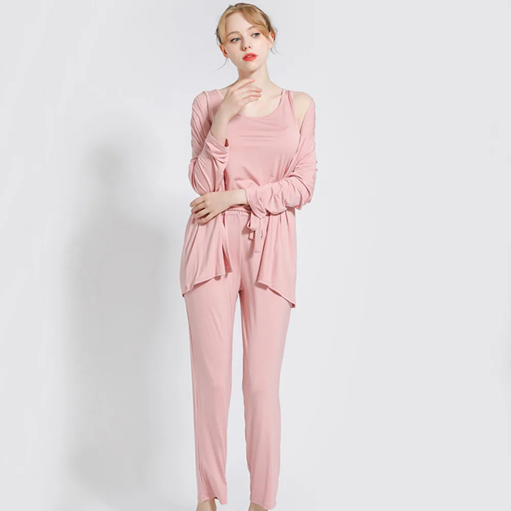 Enlarge Fdfklak Modal Pink Pyjama Maternity Clothes For Pregnant Spring Summer New 3 Pieces Pregnancy Pijama 5 Colors Sleepwear