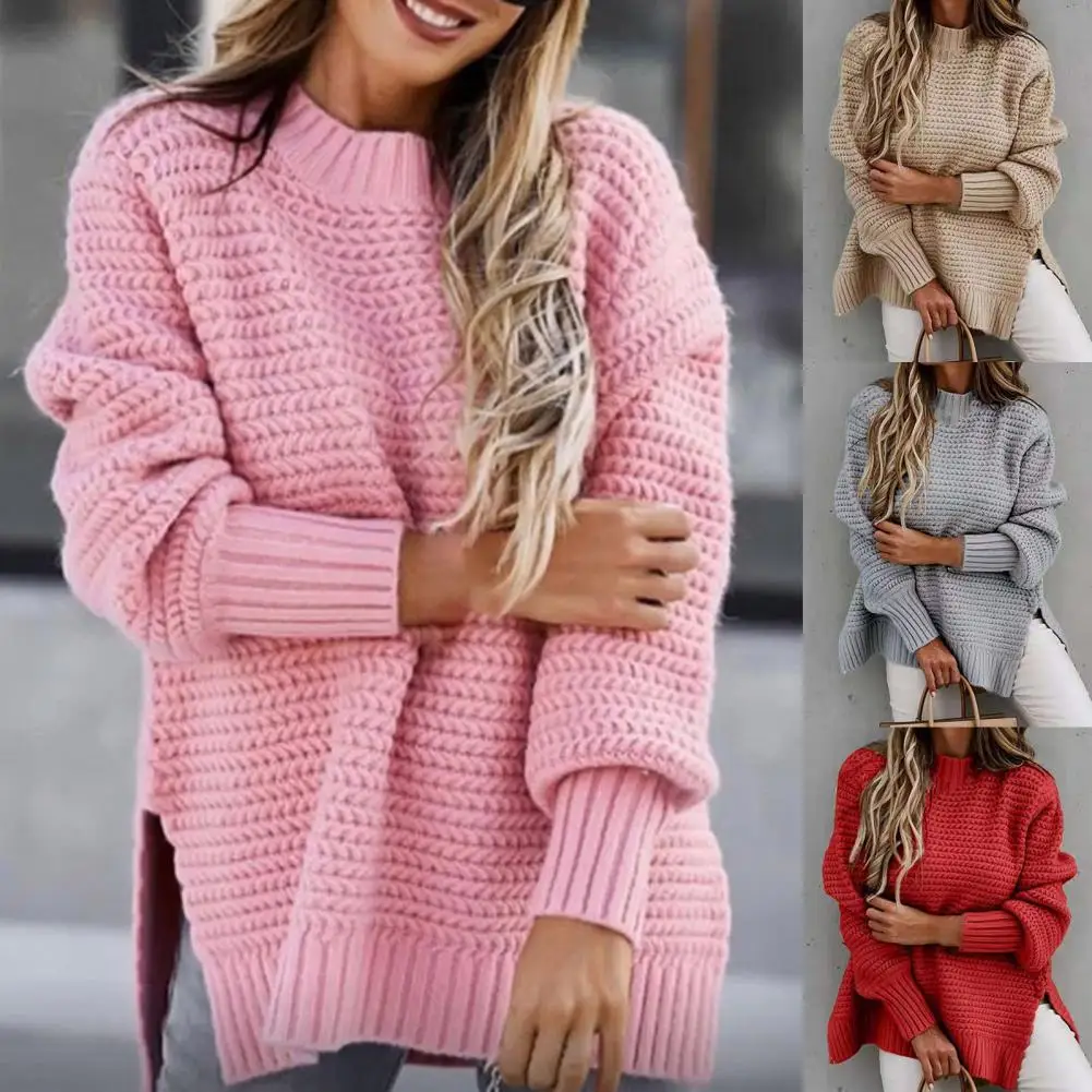 

Dropshipping Women Bilateral Split Sweater Warm Winter Clothing Ribbing Cuff Lantern Sleeve Knitted Top Daily Wear