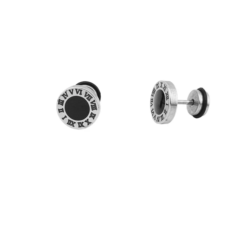 

Classic Stainless Steel Round Earrings For Men Korean Punk Roman Digital Metal Unfading Stud Fashion Jewelry Wholesale