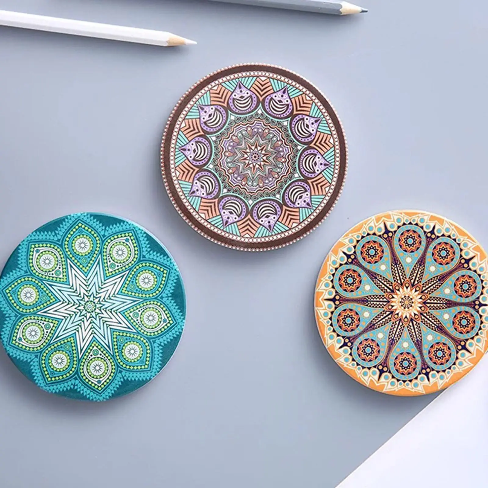 

4pcs Round Coasters Ceramic Cork Wood Non-Slip Insulated Water-absorbent Table Drinks Holder Kitchen Mat Supplies Print