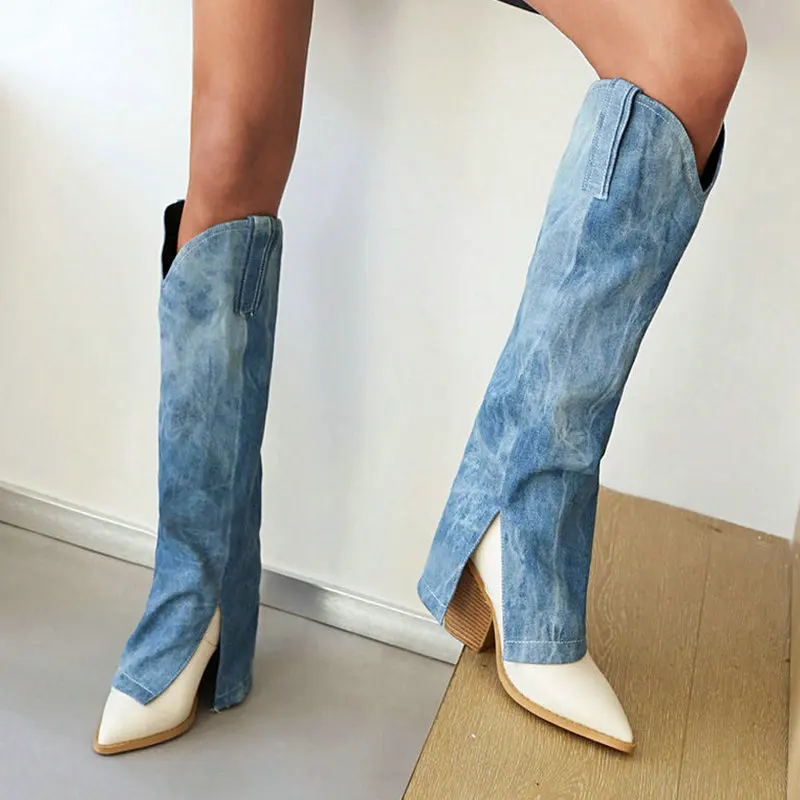 

2021 Women Knee High Boots Fashion Pointed Toe Square High Heel Ladies Western Boots Denim PU Leather Slip on Women's Boots