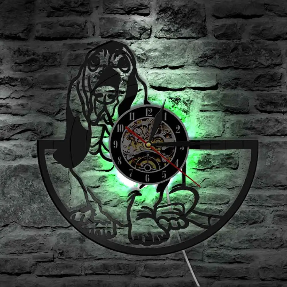 Basset Hound Silhouette Canine Pet Vinyl Record Wall Clock Gift For Dog Lover Handmade Puppy Art Light Decor Animals Design | Освещение