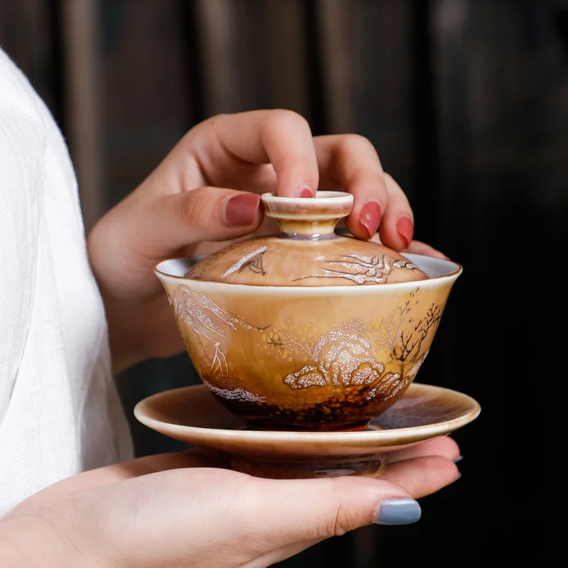 

Traditional Kiln Change Ceramic Gaiwan Teacup Handmade Tea Bowl Chinese Teaware Accessories Drinkware Portable Personal Cup