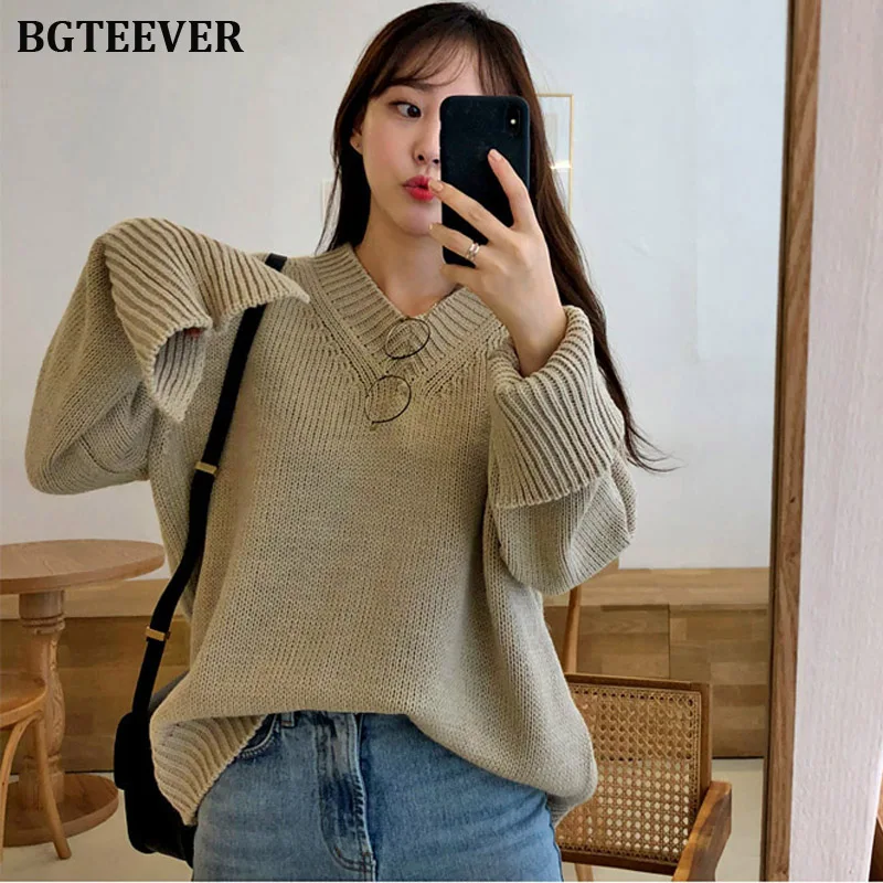 2020 New Autumn V-neck Knitted Female Pullover Casual Tops Split Sleeve Women Sweater Loose Warm Jumpers Outerwear | Женская одежда