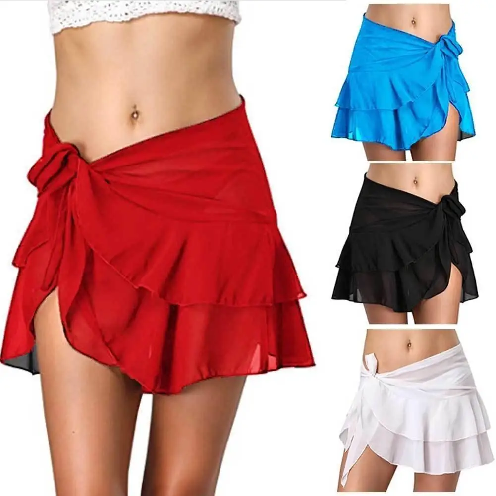 

Women Solid Color Bandage Beach Bikini Cover Up Swim Skirt Ruffled Wrap Sarong