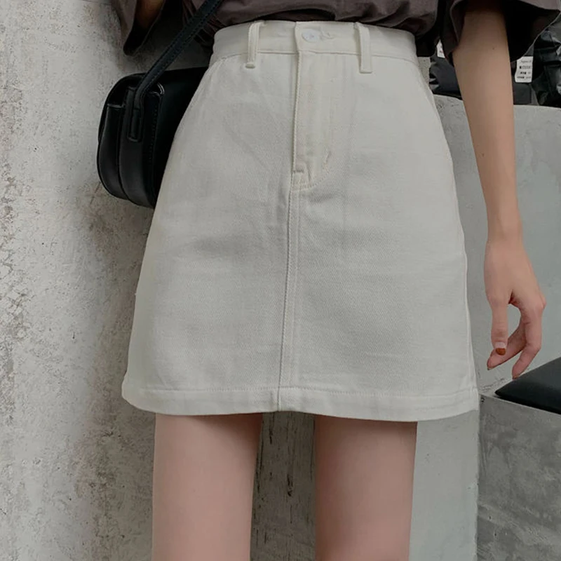 

Solid High Waist Denim Skirt Women'S Fashion Simple A-Line Mini Skirt Woman Casual Loose Slim Denim Skirts Ladies Summer 2021