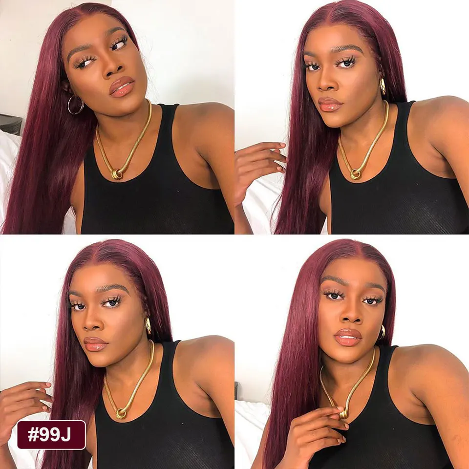 

Straight Lace Front Wig 99J Burgundy Colored Human Hair Wigs For Women Peruvian Remy Red Lace Frontal Wigs With Bleached Knots