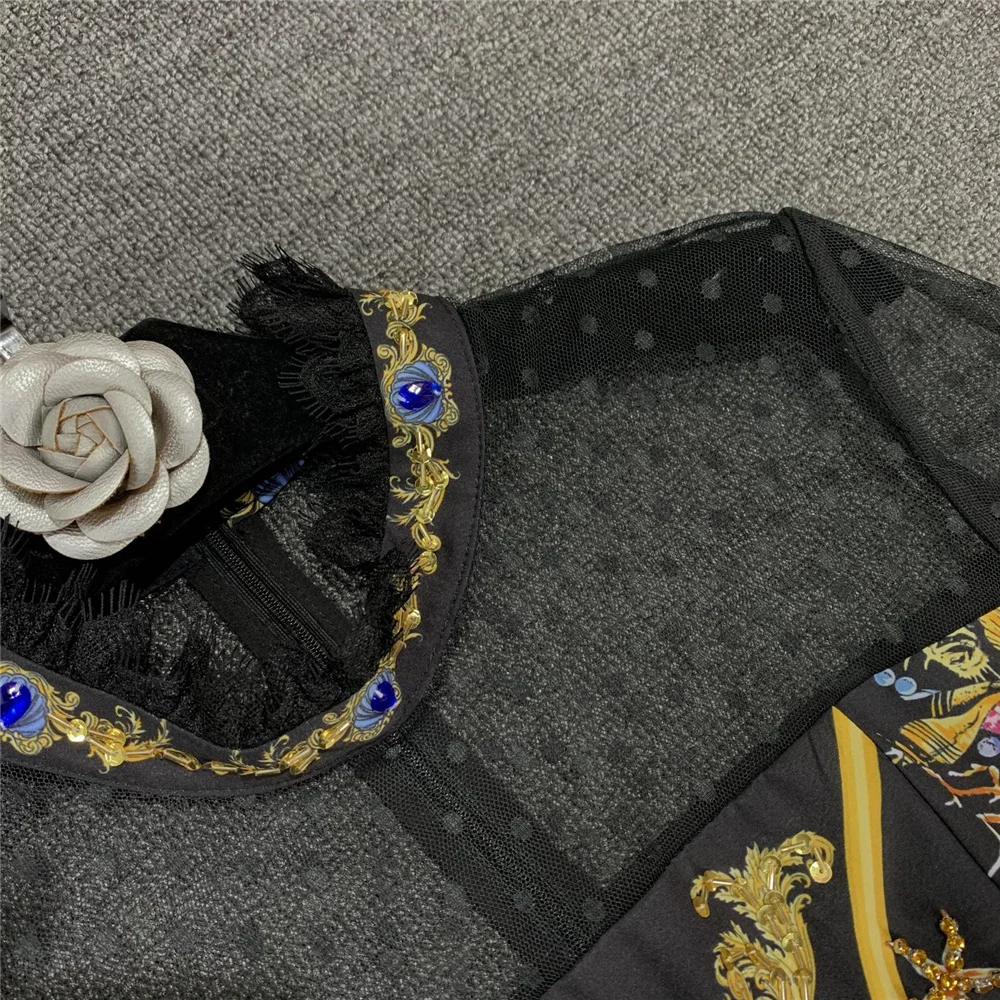 

End Spring High Runway Fashion Party Dresses Women's Long Sleeve Print Crystal Midi Black Lace Lady Resort Dress