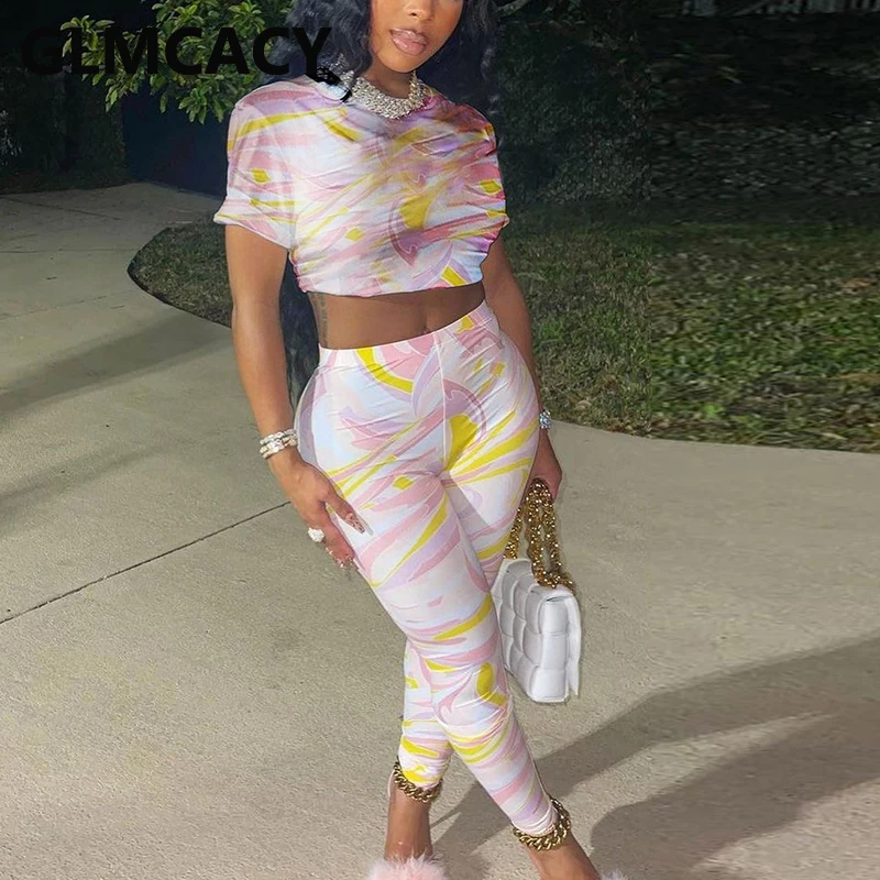 

Two Piece Ombre Color Suits Short Sleeve Crop Top & Slim Pants Set